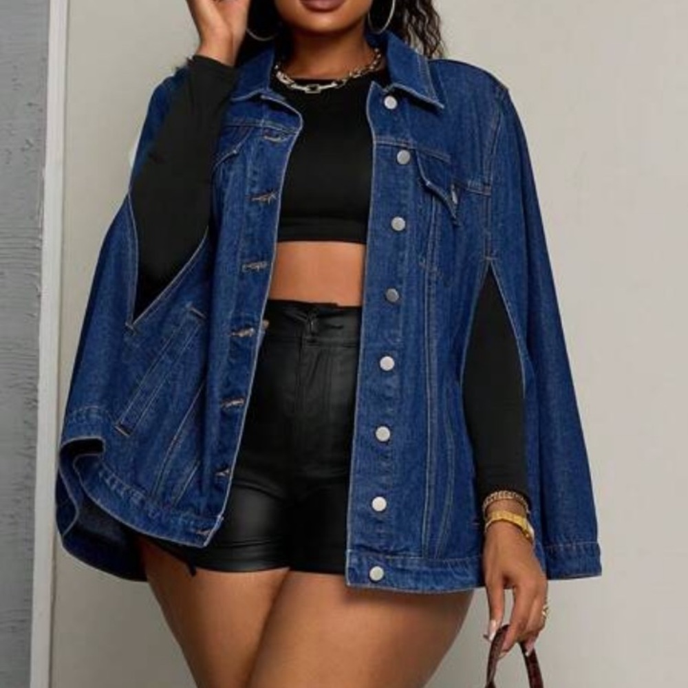 Dark Wash button down jeans denim cape jacket - Picture 3 of 6